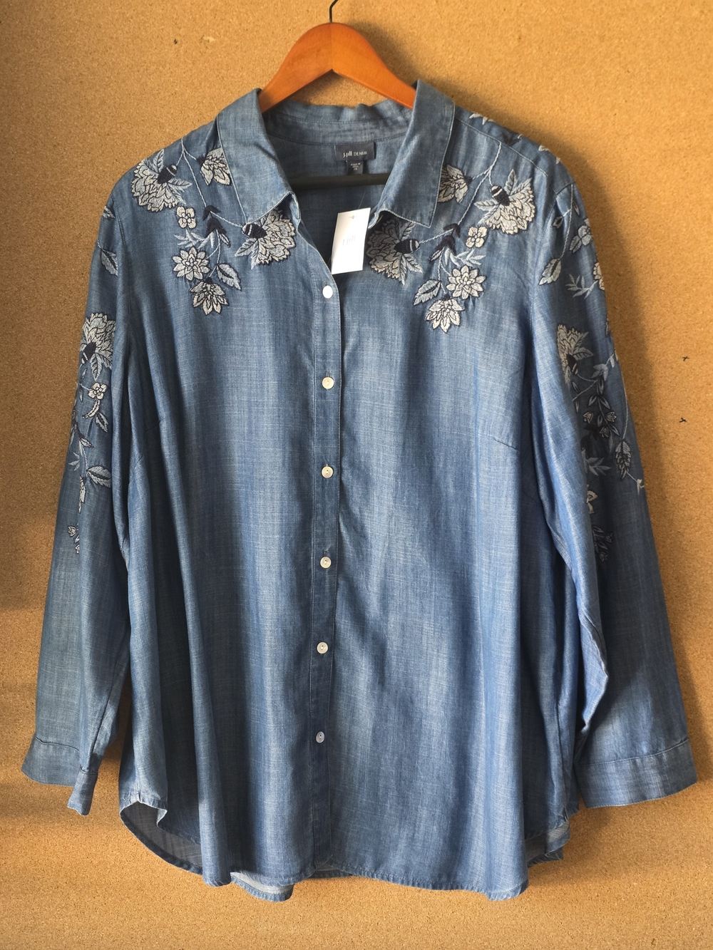 J. Jill NWT Denim Embroidered Floral Button Up Shirt Blouse 2X North Coast Wash